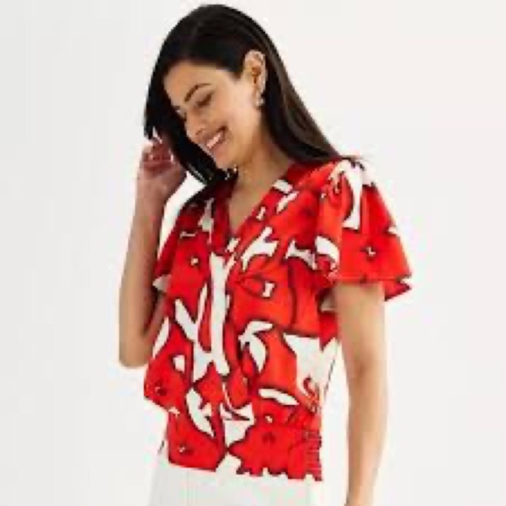 Nine West Red and White Floral Blouse